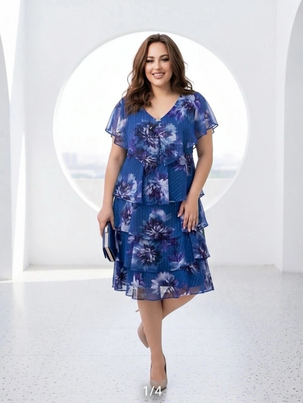 Floral V-Neck Midi Dress in Blue & Purple - New